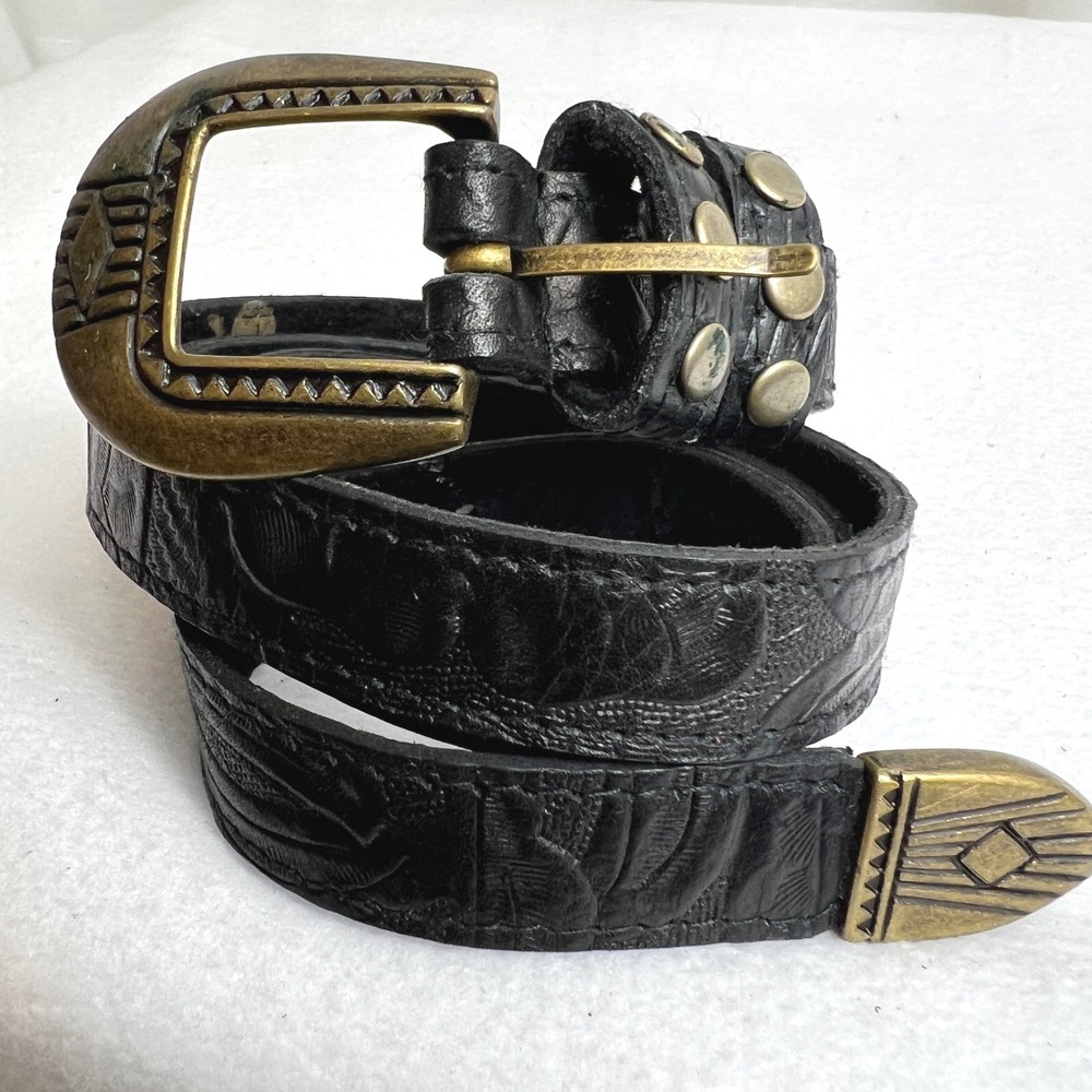 Lovestrength Black Tooled Leather Western Belt‎ Brass Buckle Size S Made USA